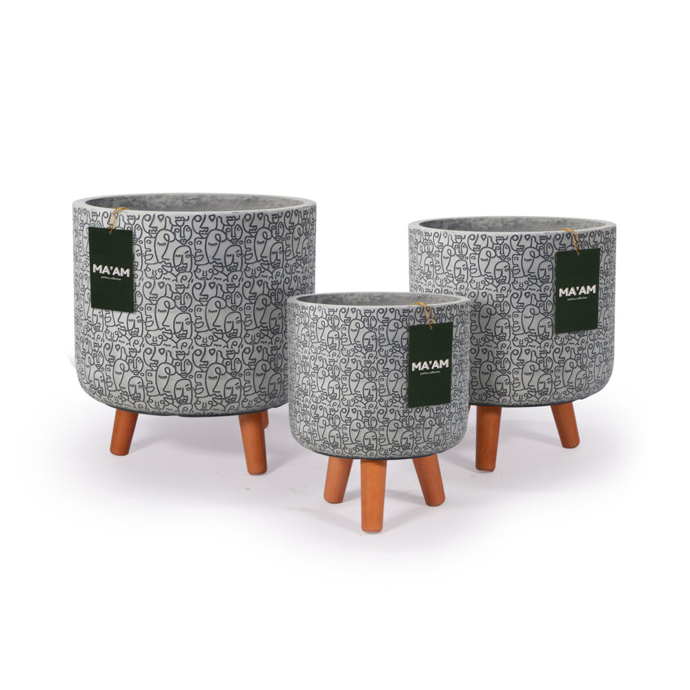 Bloempot op poten - gezicht face design - set - grijs- lian maampottery