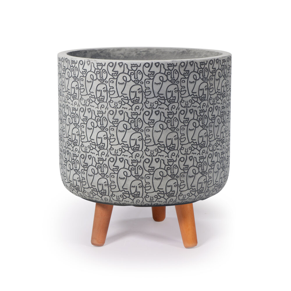 MA'AM Pottery LIAN - gezicht bloempot op houten poten - grijs