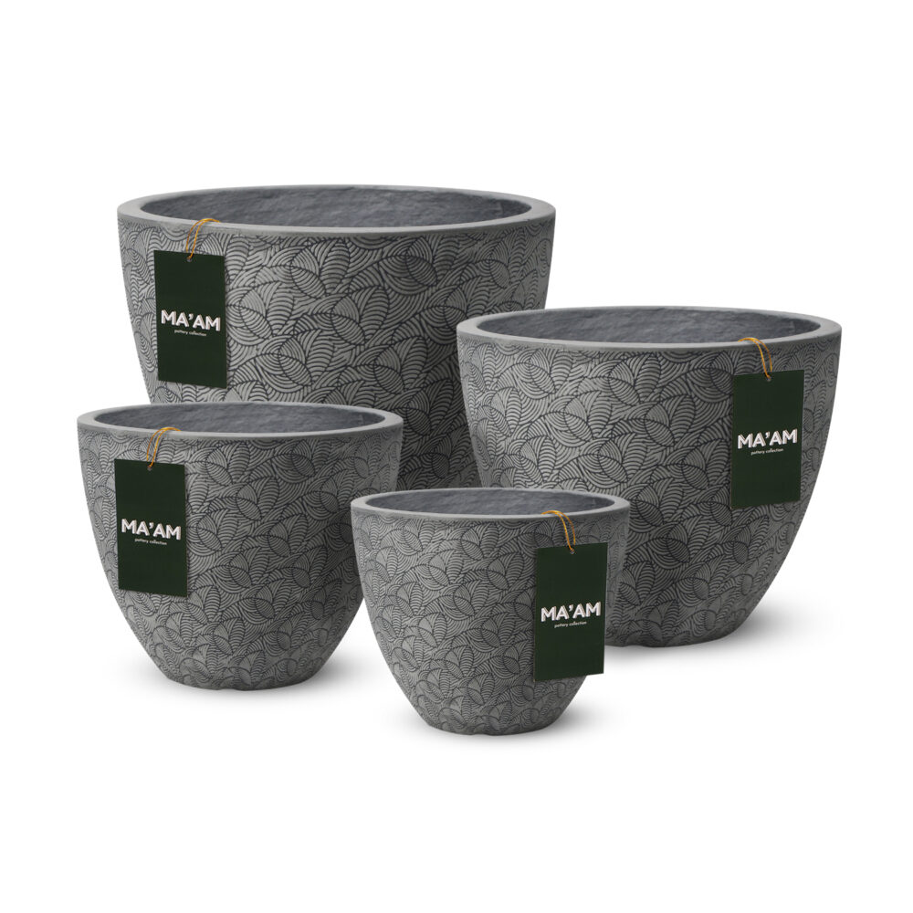 MA'AM Pottery Lara - ronde grijze bloempot bloemenprint - herfstbladeren - set