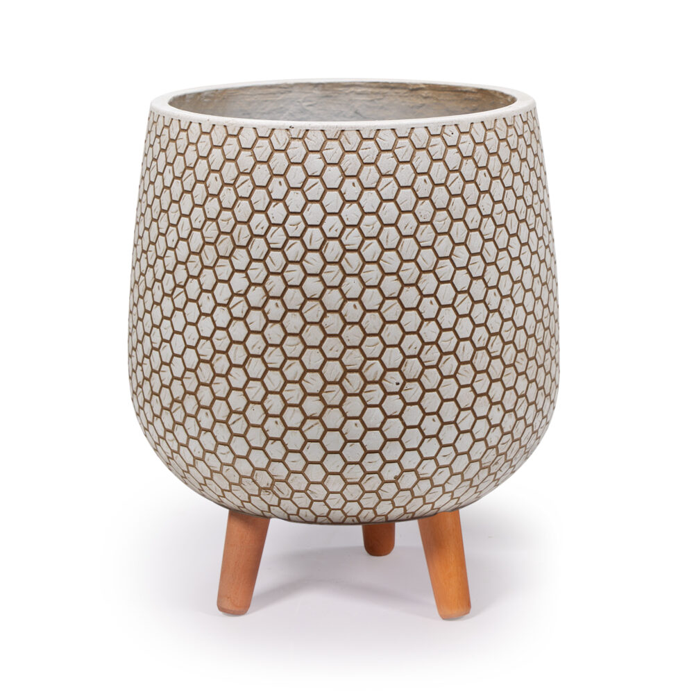 MAAM Pottery Mila - bloempot op standaard - hexagon design - houten pootjes