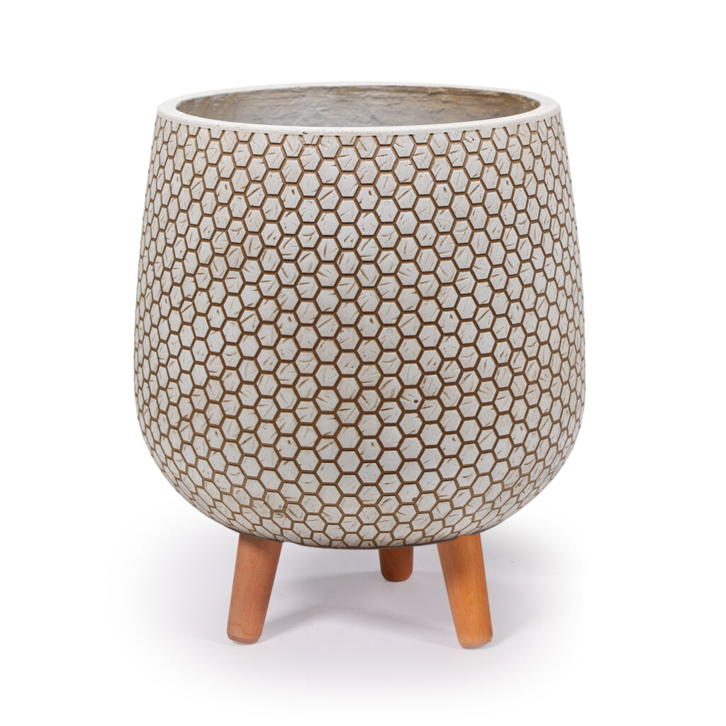 MAAM Pottery Mila - bloempot op standaard - hexagon design - houten pootjes
