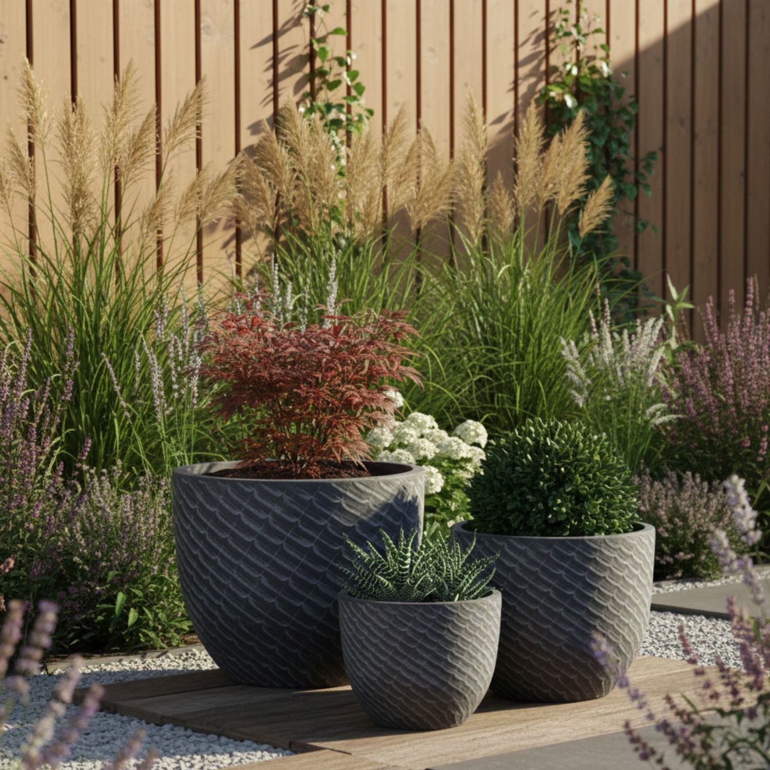 MA'AM Pottery Mira - zwarte buiten bloempot met relief structuur - sfeerbeeld (2)