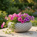 MA'AM Pottery Mila witte plantenschaal - hexagon honinggraat - met blauwe viooltjes